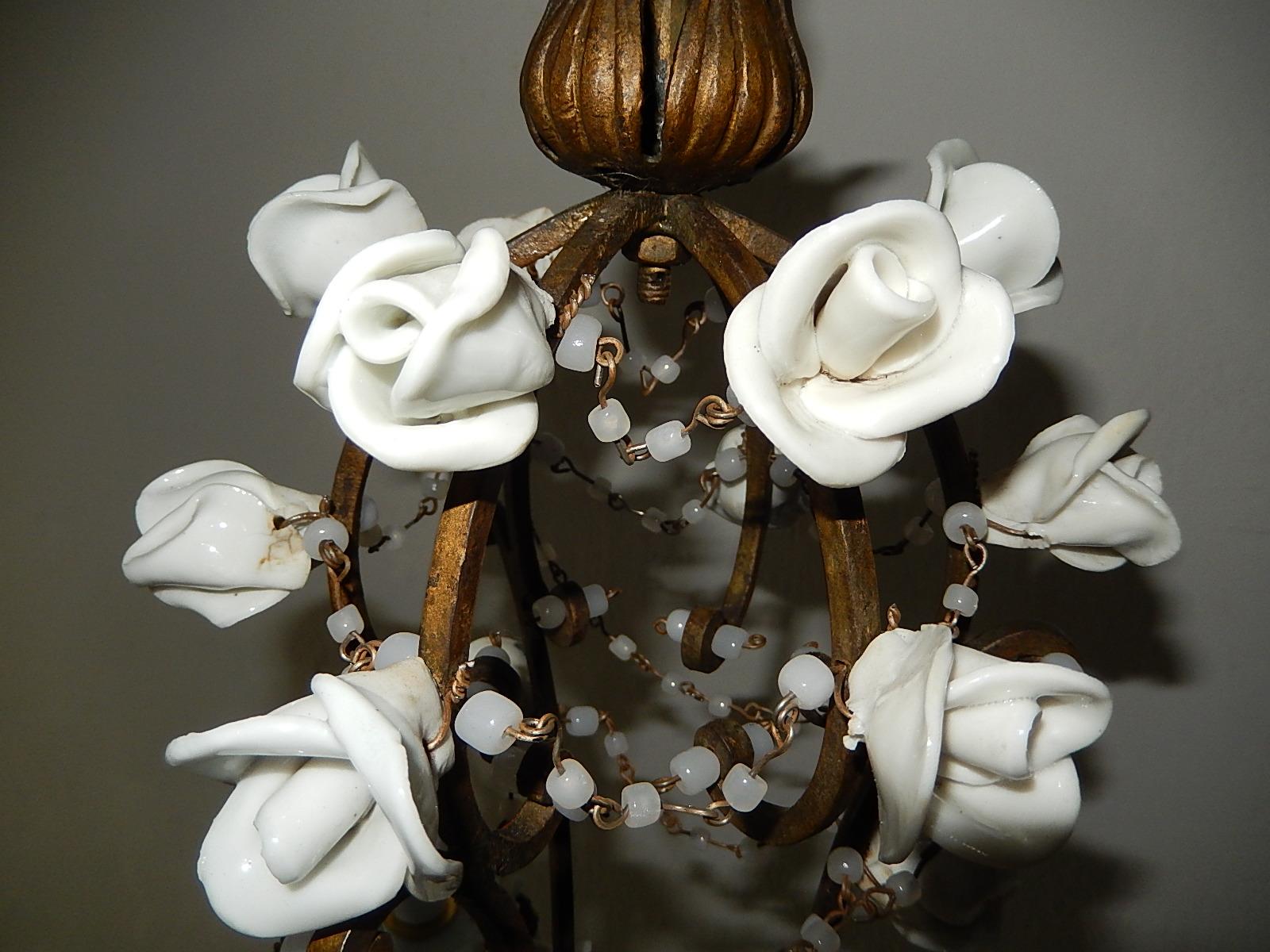 1920 French White Opaline with Cherub and Swags with White Roses Chandelier 5