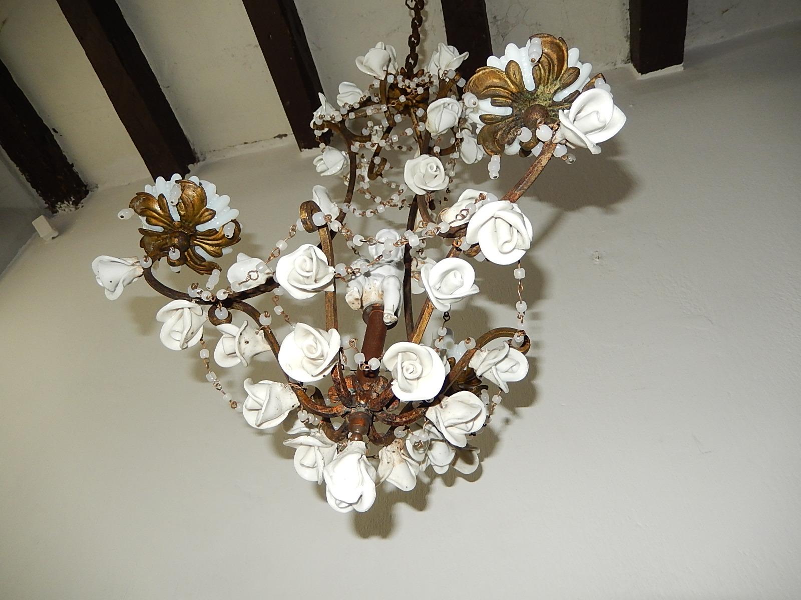 Baroque 1920 French White Opaline with Cherub and Swags with White Roses Chandelier