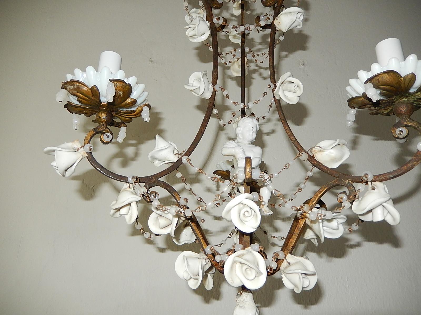 1920 French White Opaline with Cherub and Swags with White Roses Chandelier In Good Condition In Firenze, Toscana