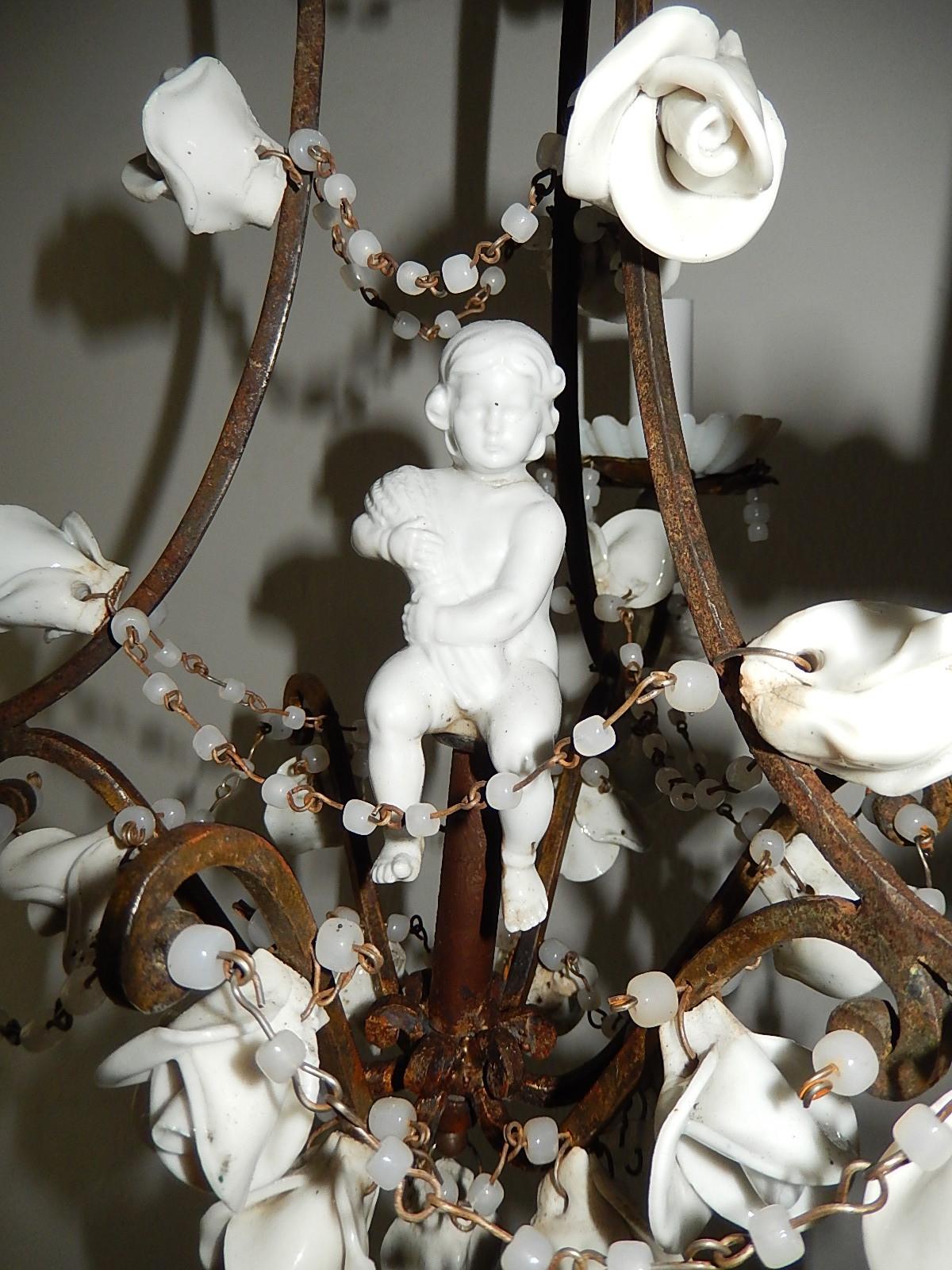 Early 20th Century 1920 French White Opaline with Cherub and Swags with White Roses Chandelier
