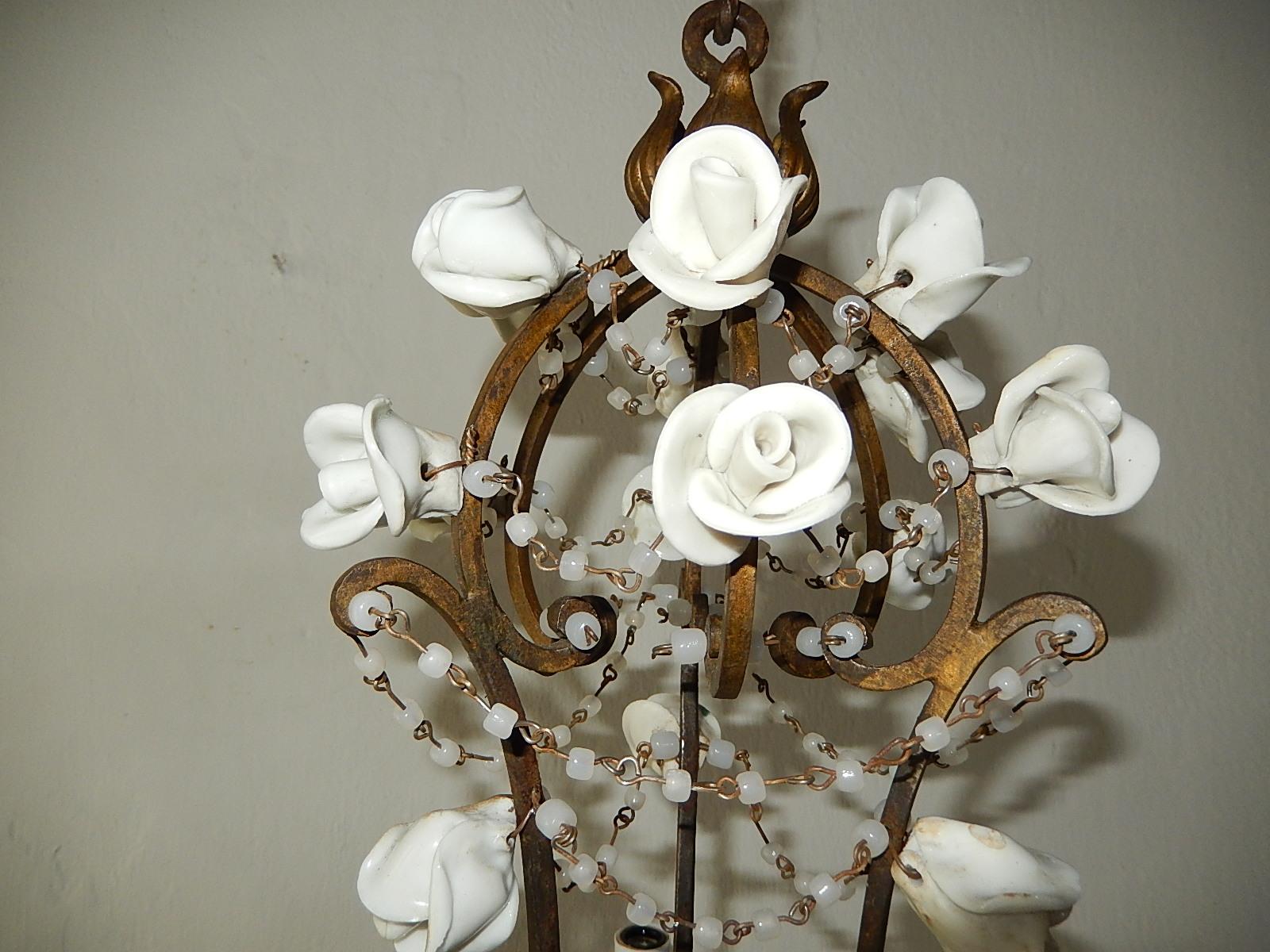 Porcelain 1920 French White Opaline with Cherub and Swags with White Roses Chandelier
