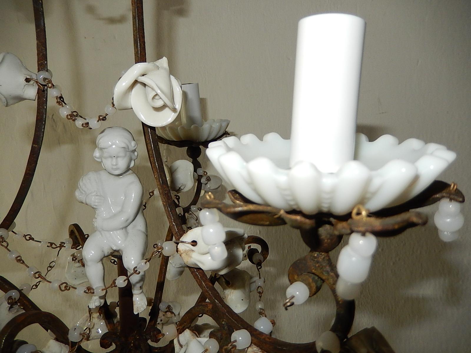 1920 French White Opaline with Cherub and Swags with White Roses Chandelier 1