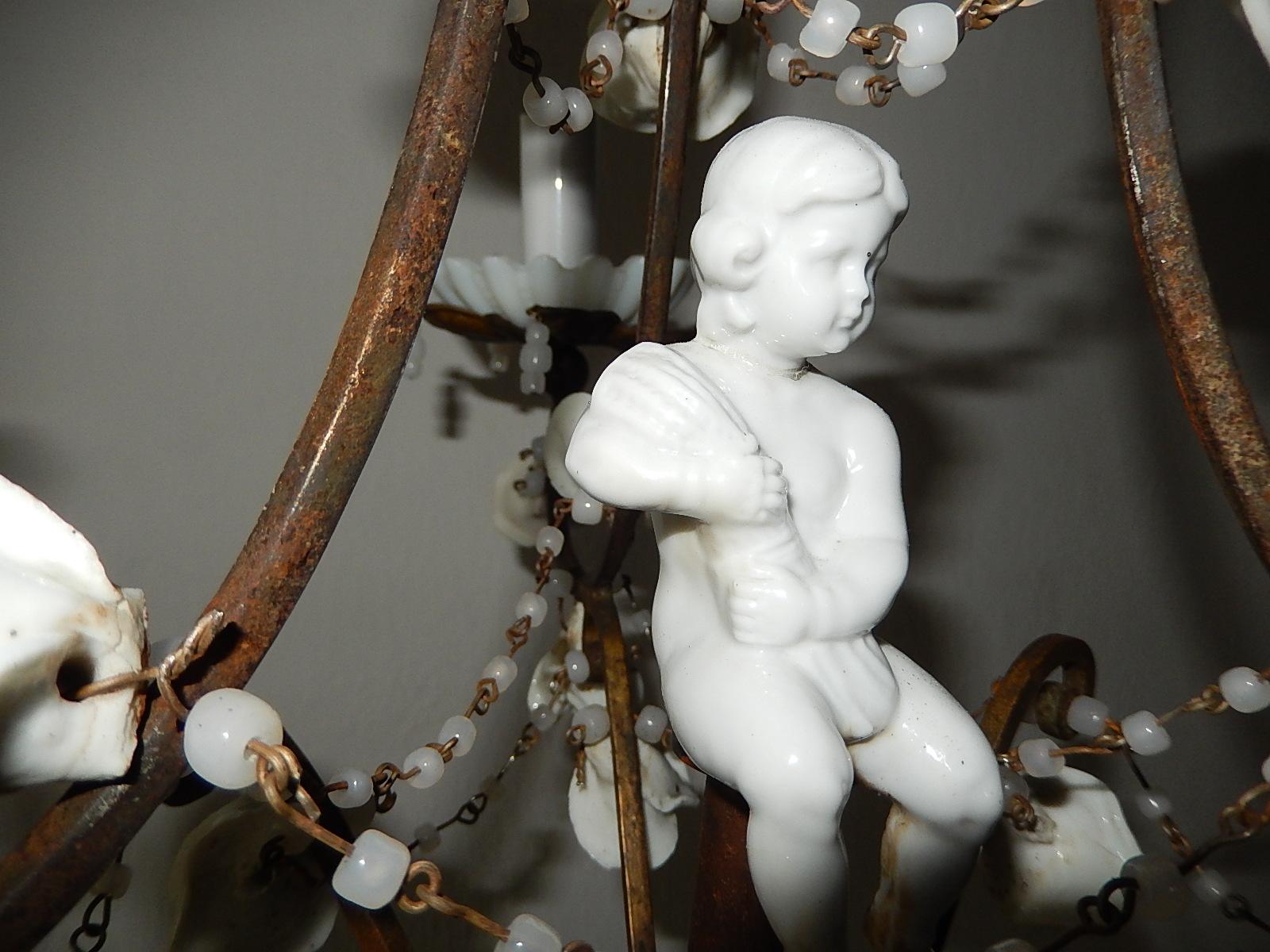 1920 French White Opaline with Cherub and Swags with White Roses Chandelier 2