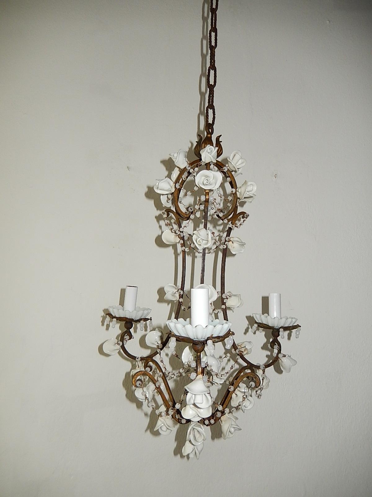 1920 French White Opaline with Cherub and Swags with White Roses Chandelier 3