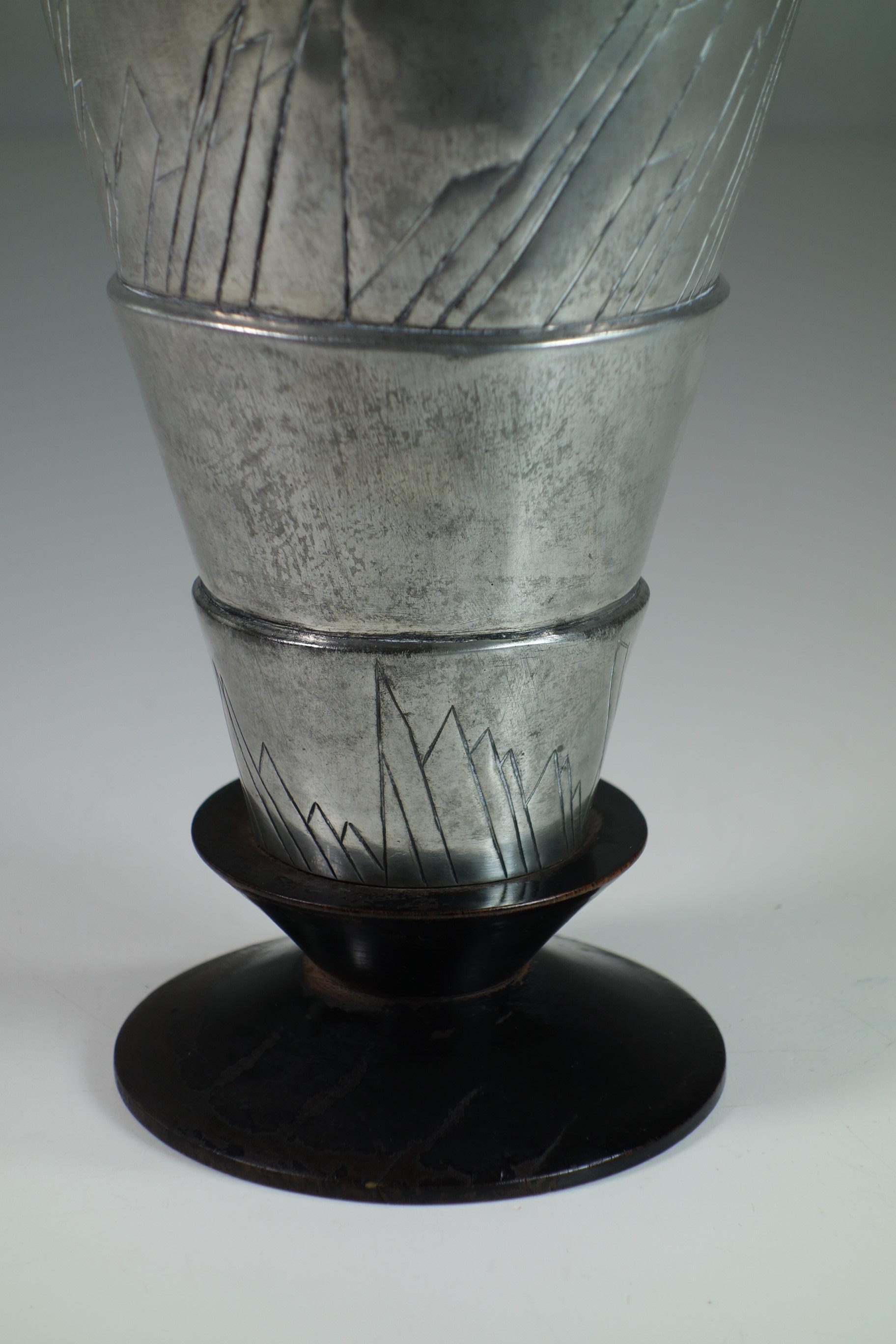 Italian 1920 Futurist Metal Black Wood Urn Vase For Sale