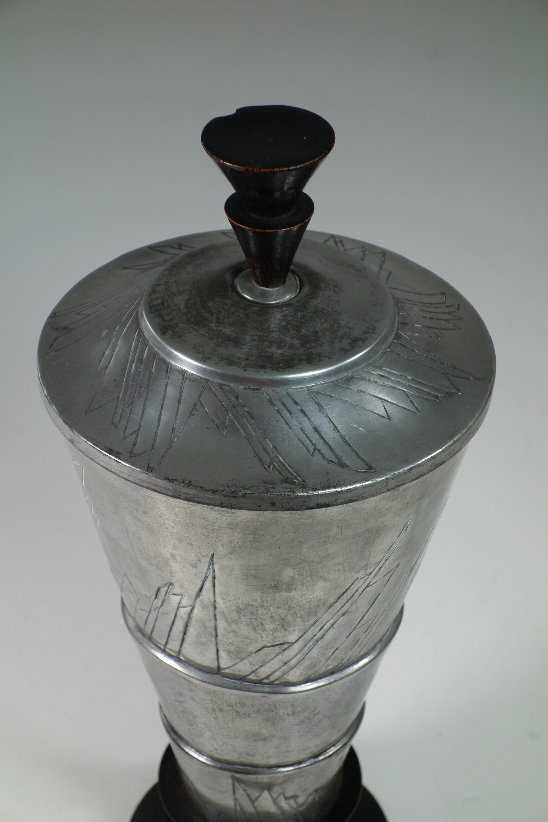Pewter 1920 Futurist Metal Black Wood Urn Vase For Sale