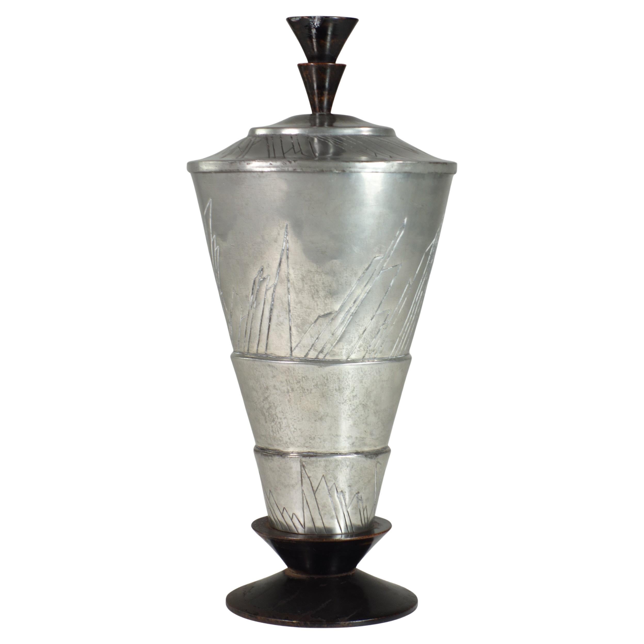 1920 Futurist Metal Black Wood Urn Vase For Sale