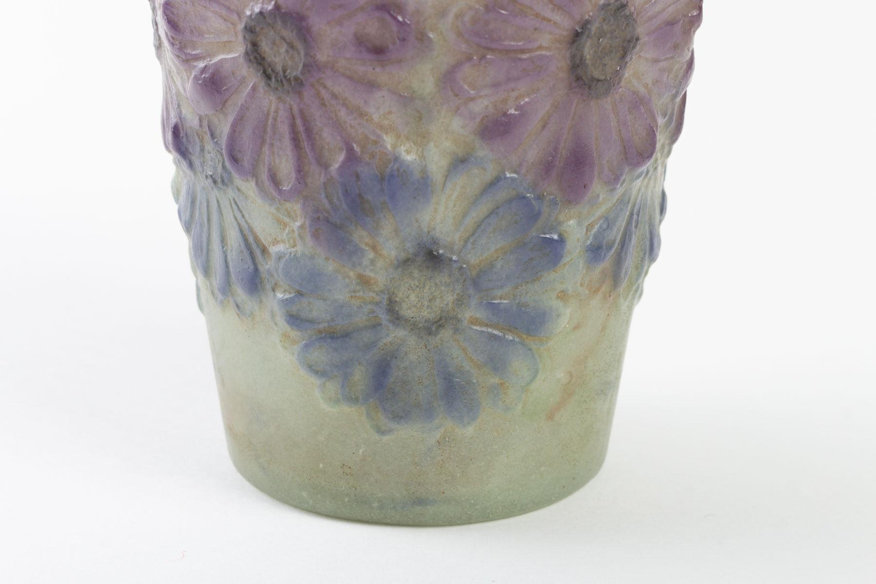Art Deco 1920 Gabriel Argy-Rousseau Soucis Vase in Pate de Verre Green, Purple and Blue