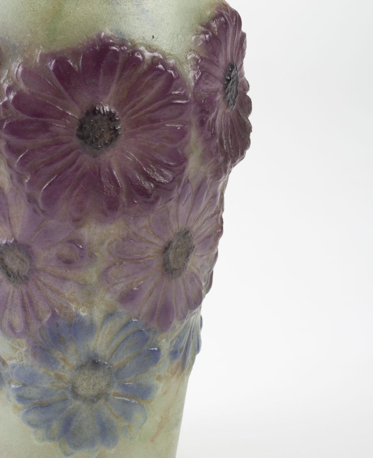 French 1920 Gabriel Argy-Rousseau Soucis Vase in Pate de Verre Green, Purple and Blue