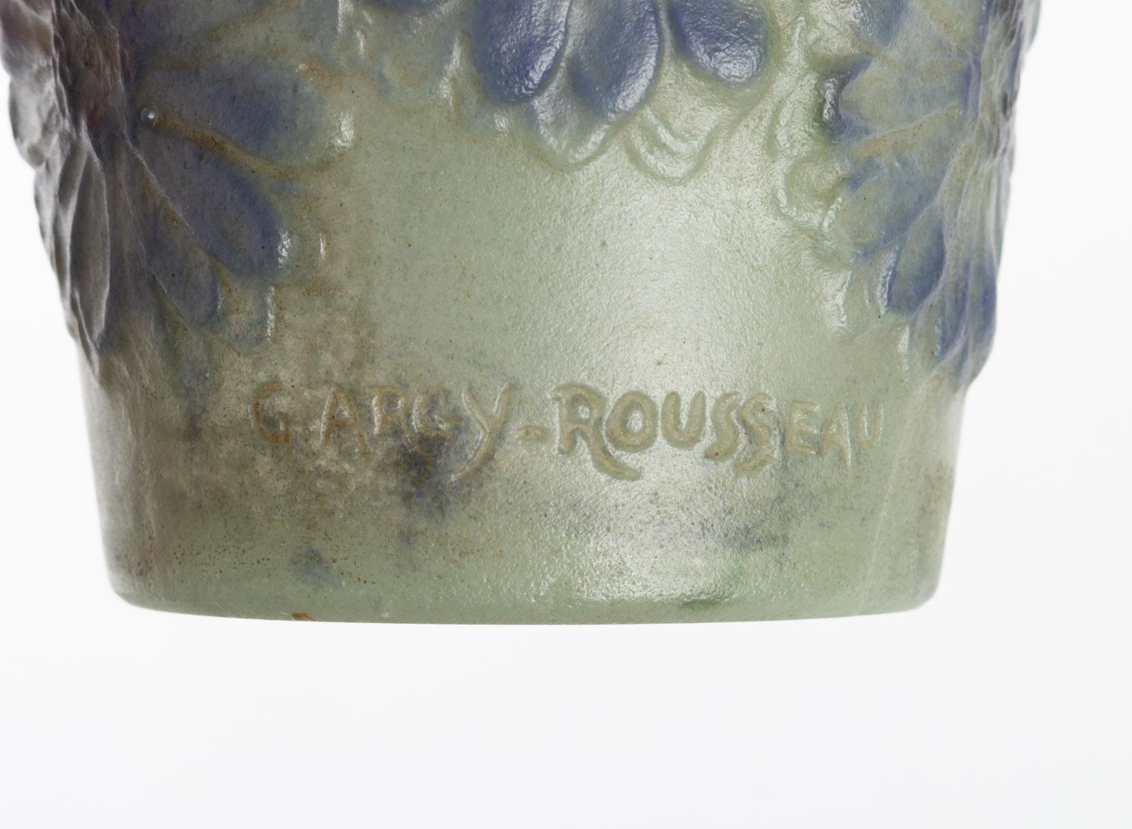 Molded 1920 Gabriel Argy-Rousseau Soucis Vase in Pate de Verre Green, Purple and Blue