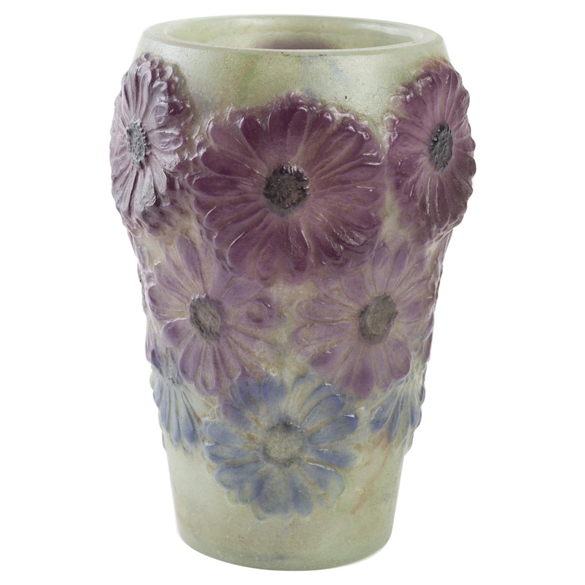 1920 Gabriel Argy-Rousseau Soucis Vase in Pate de Verre Green, Purple and Blue