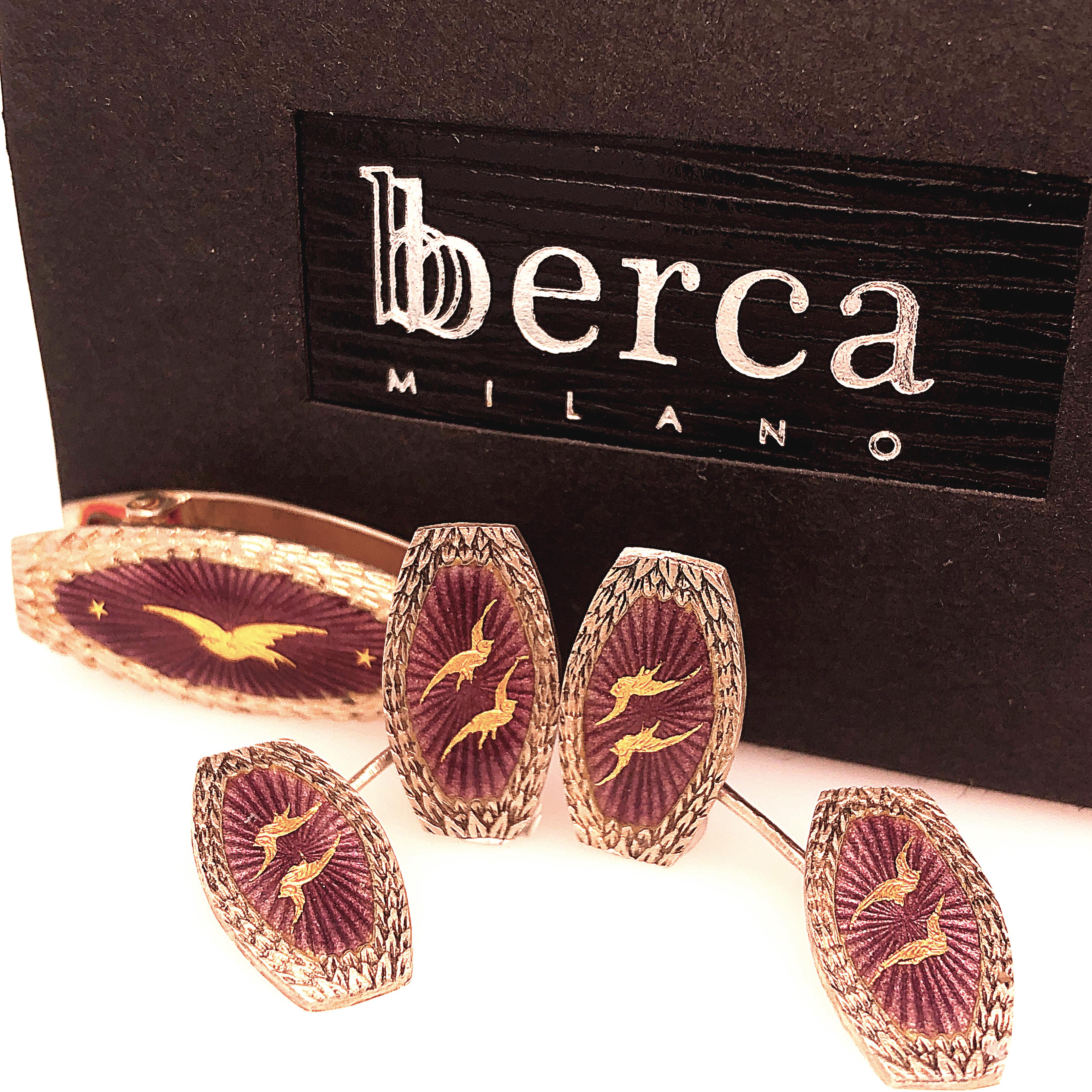 Art Deco Berca 1920 Hand Engraved Golden Specks Purple Enameled Silver Tie Clip Cufflinks