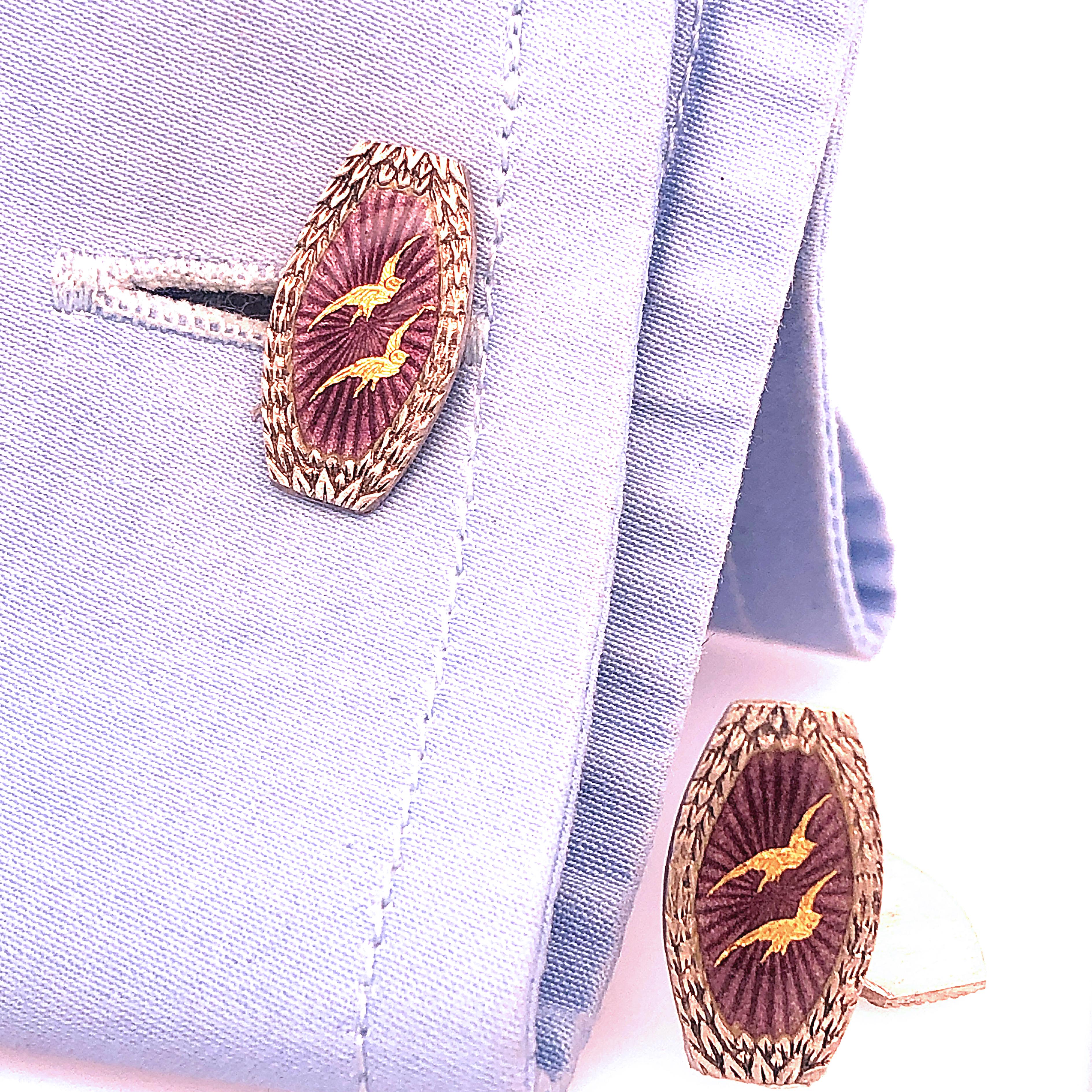 Berca 1920 Hand Engraved Golden Specks Purple Enameled Silver Tie Clip Cufflinks In Excellent Condition In Valenza, IT