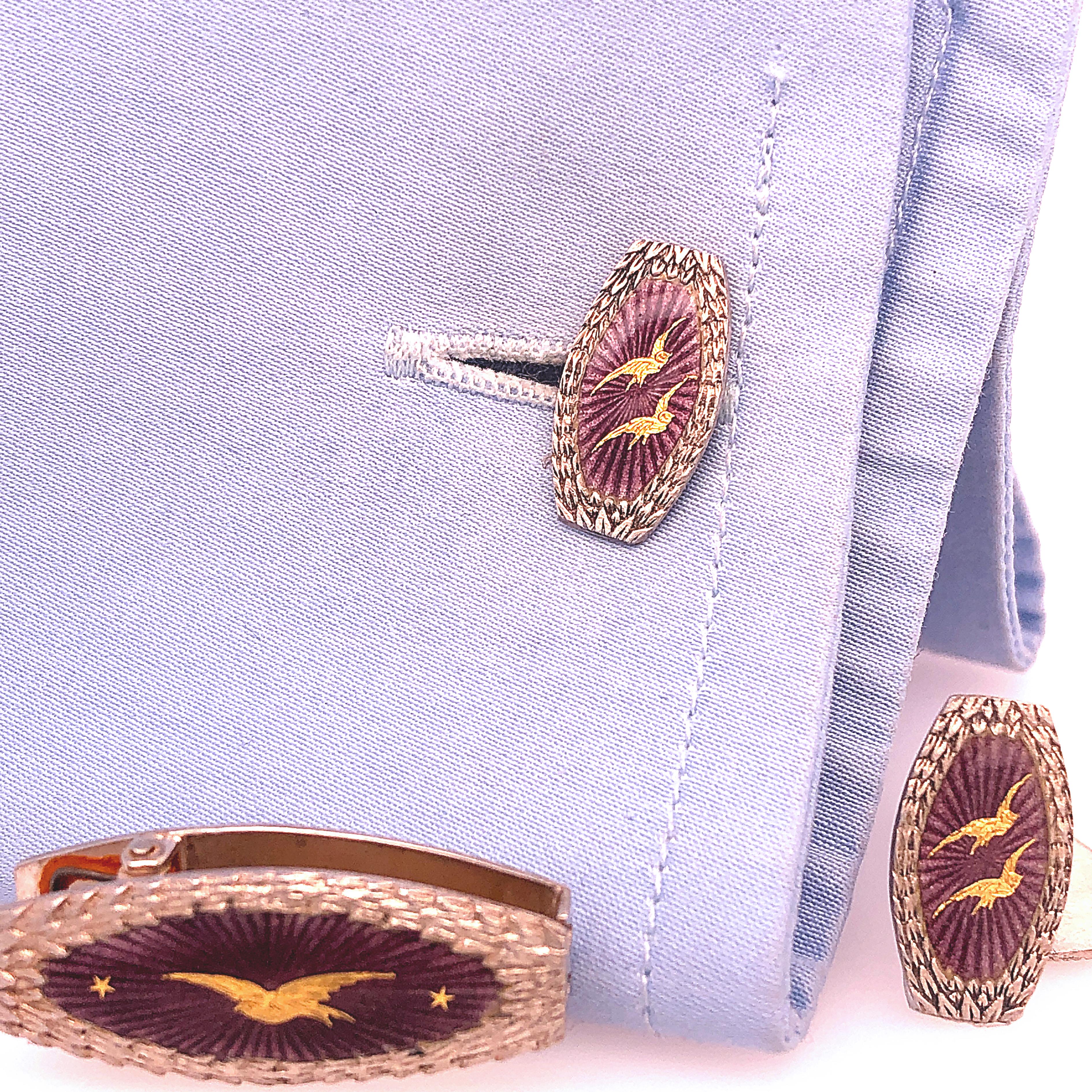 Men's Berca 1920 Hand Engraved Golden Specks Purple Enameled Silver Tie Clip Cufflinks