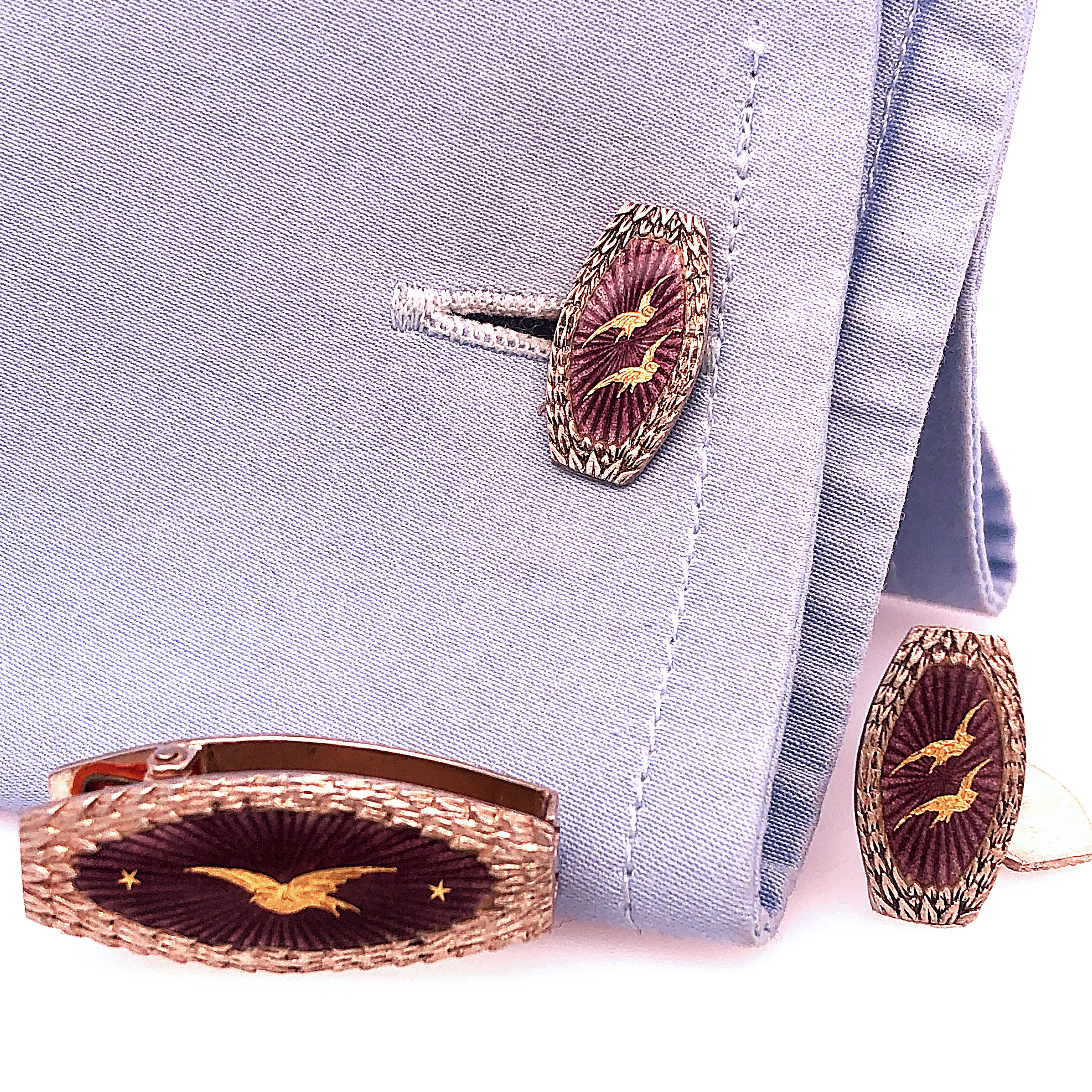 Berca 1920 Hand Engraved Golden Specks Purple Enameled Silver Tie Clip Cufflinks 3