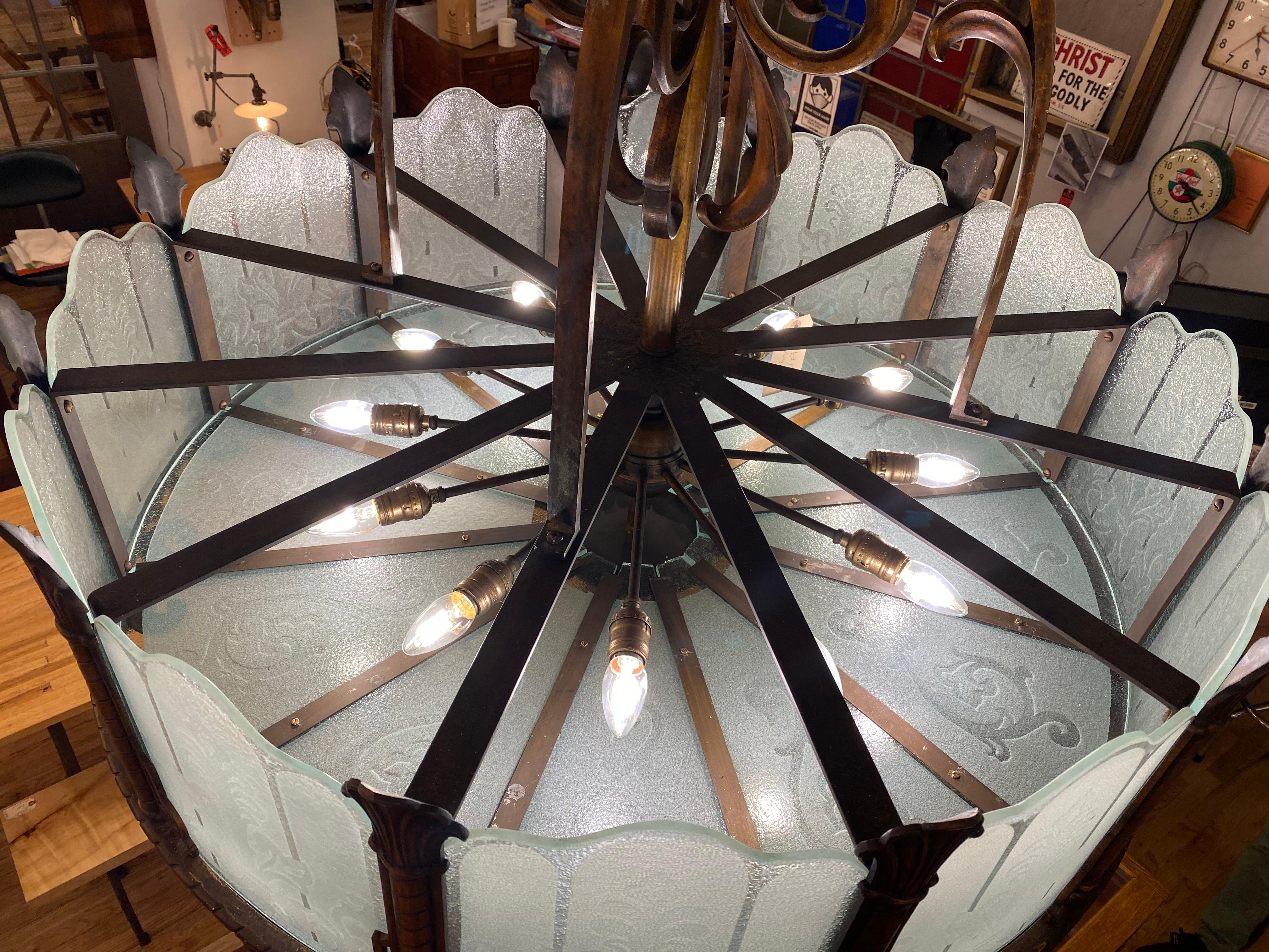 1920 Heavy Large Art Deco Bronze Chandelier Etched Glass Texas For Sale 6