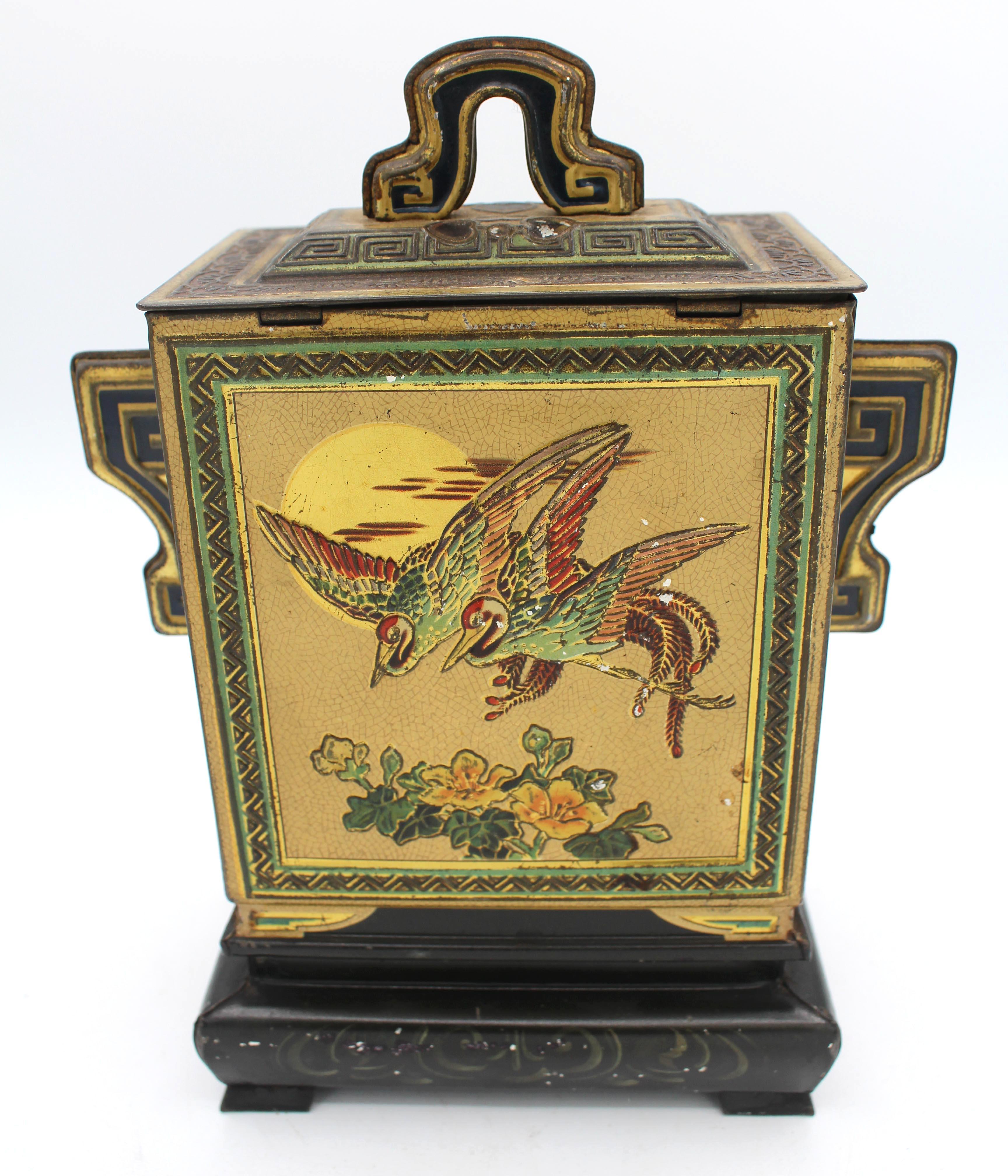 English 1920 Huntley & Palmers Chinoserie Jar on Stand Form Biscuit Tin Box For Sale