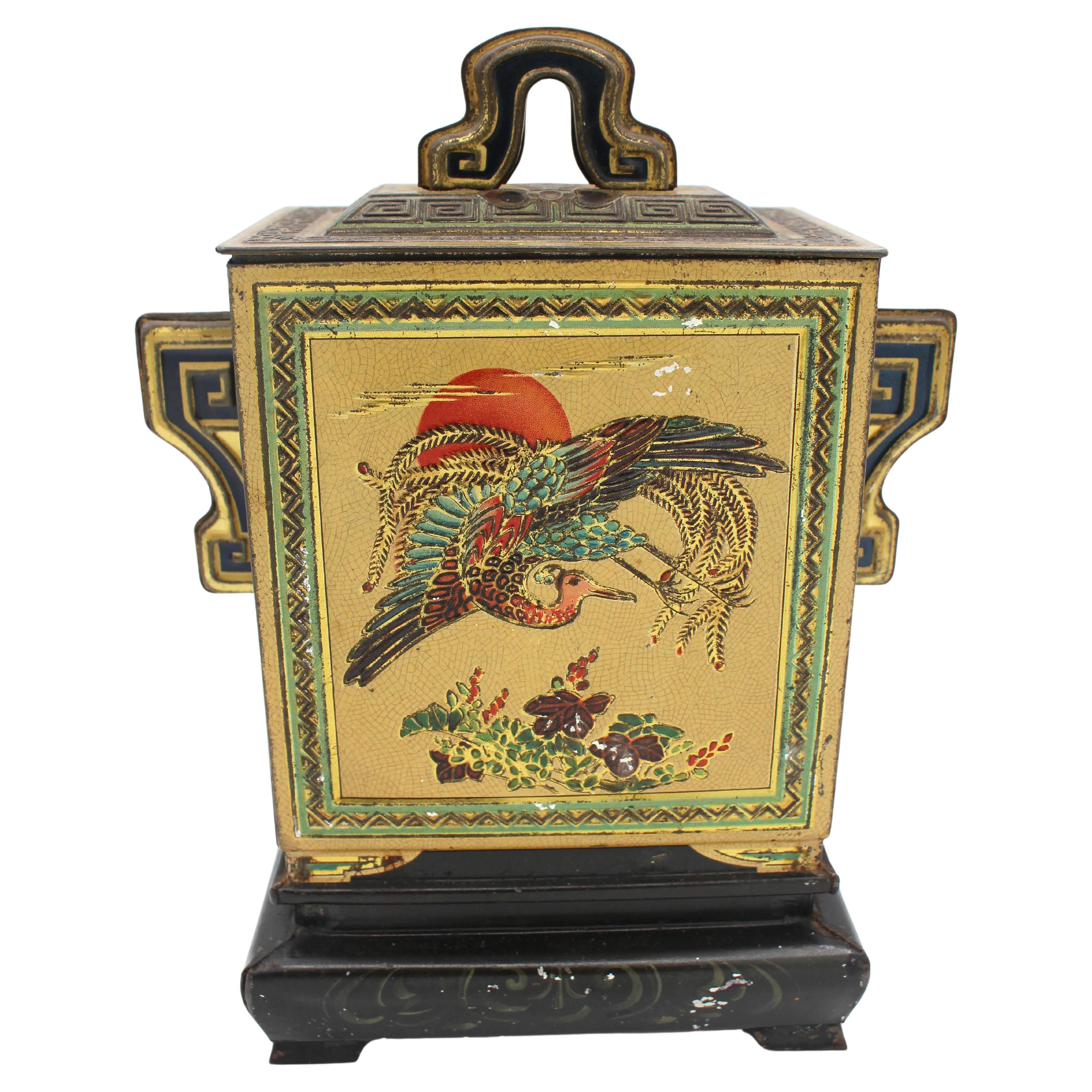 1920 Huntley & Palmers Chinoserie Jar on Stand Form Biscuit Tin Box For Sale