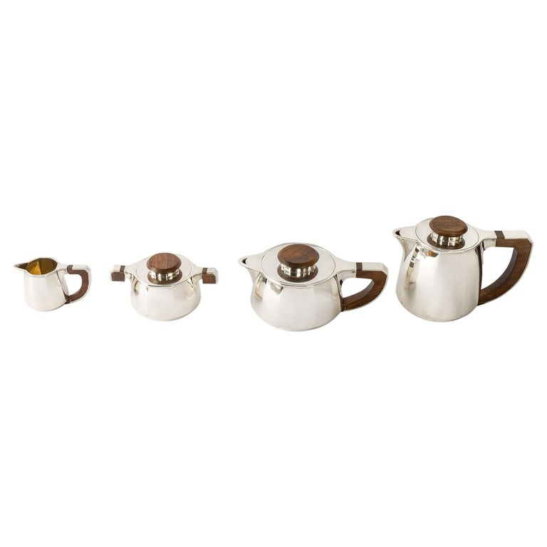 1920 Jean E. Puiforcat, Tea and Coffee Set in Sterling Silver and Rosewood For Sale