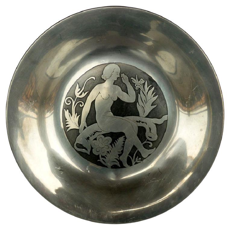 1920 Just Andersen Design Dinamarca Art Deco Pewter Placa Mujer