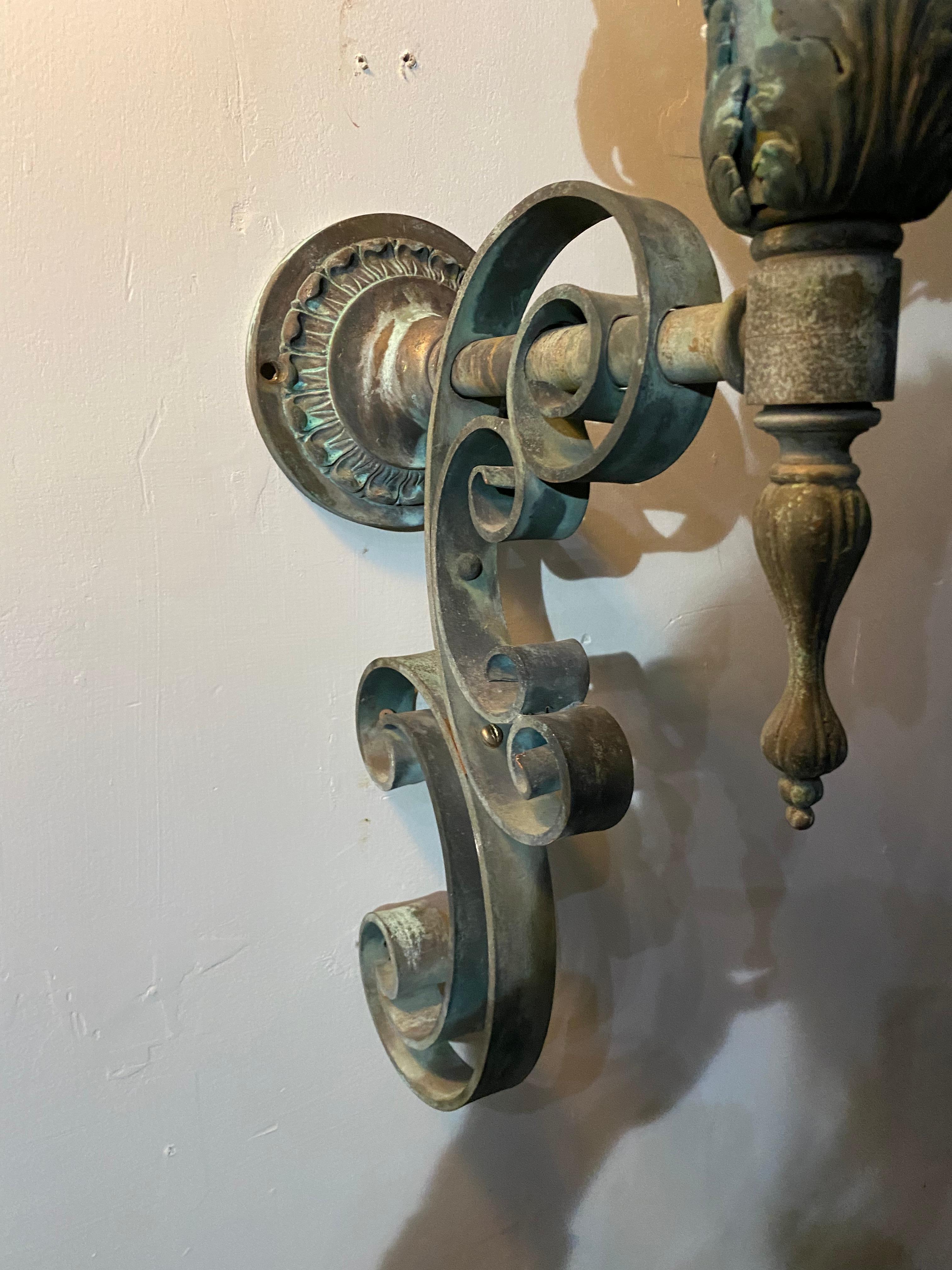 1920 Large Cast Bronze Exterior Wall Light Sconces In Good Condition For Sale In Surrey, BC