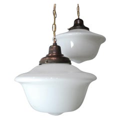 Antique 1920 Large Schoolhouse Milk Glass Pendant Lights