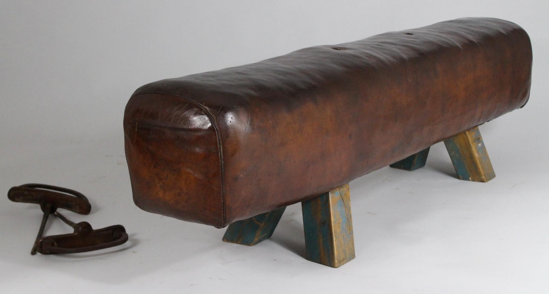 Industrial 1920s Leather Gym Pommel Horse / Bench