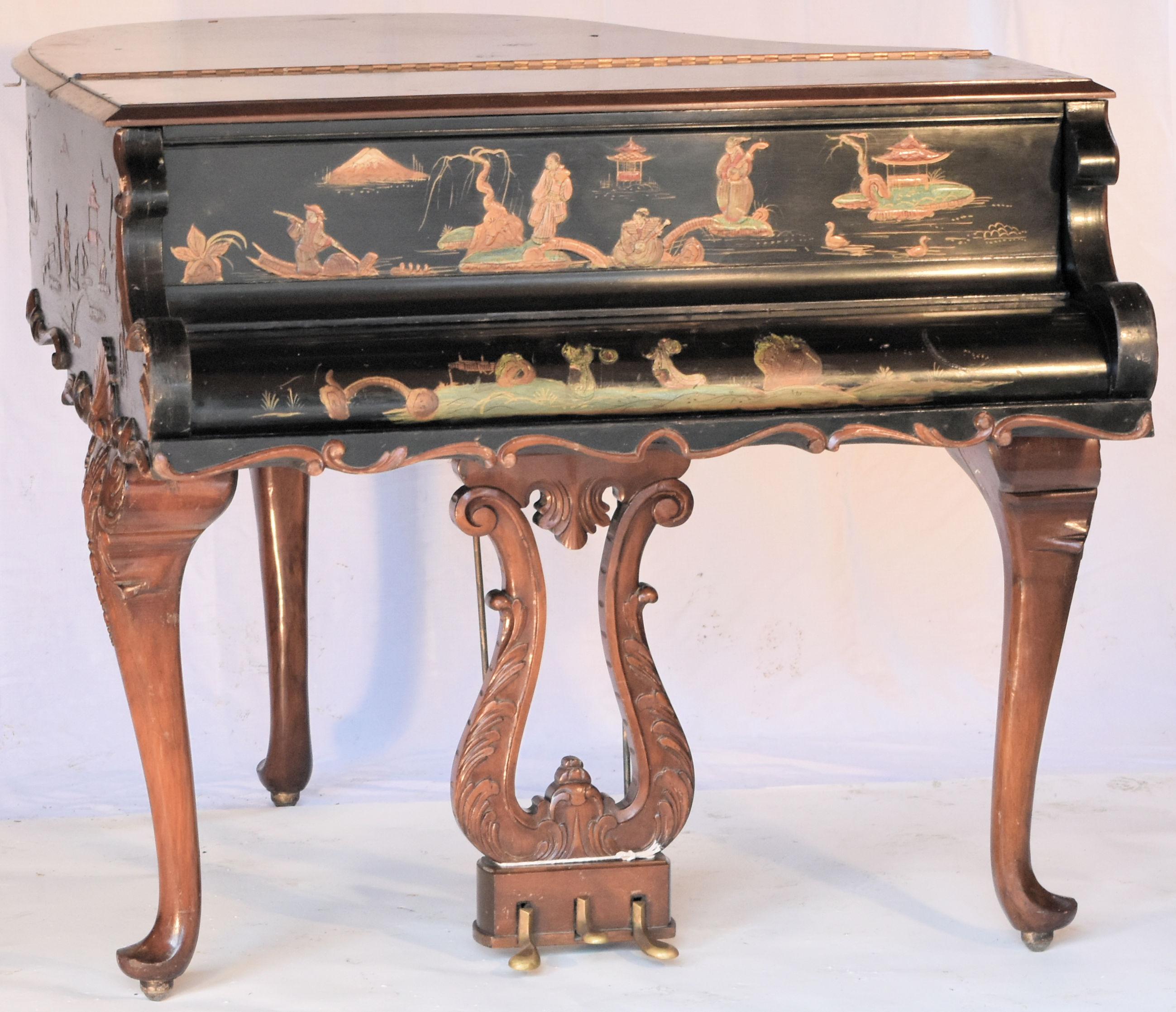 Custom made Louis XV style piano writing desk fashioned after a Steinway style Grand Piano Model O with chinoiserie art case. This unique desk features shelving for writing supplies and a large flip-up area storage cabinet in the back of the