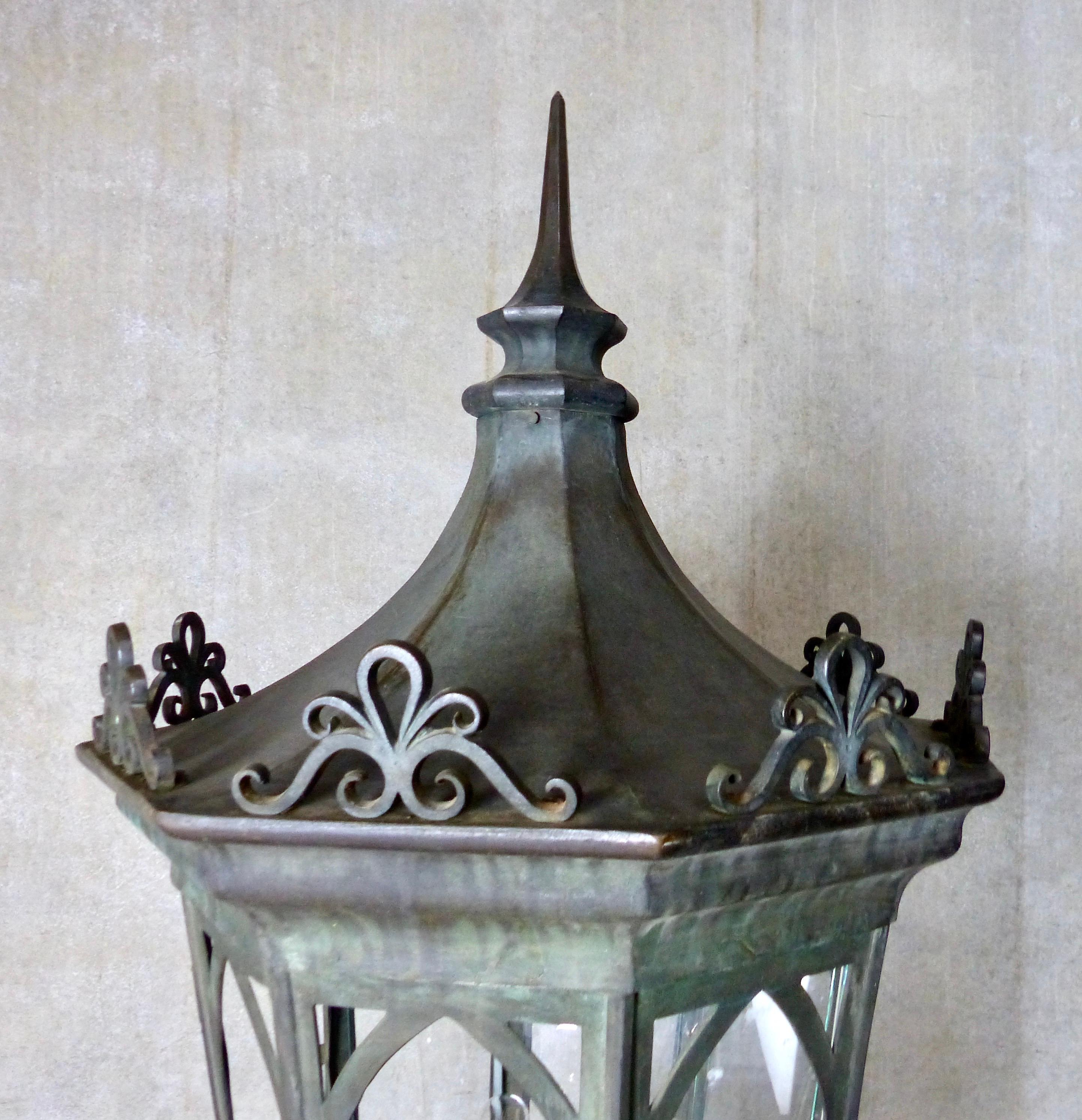 A bold and impressive antique cast bronze exterior lantern. Massive size and heft; octagonal shape. Truly a one-of-a-kind fixture. Believed to be from the Fairhaven Historical District in the Pacific Northwest. Re-wired and CSA approved to current