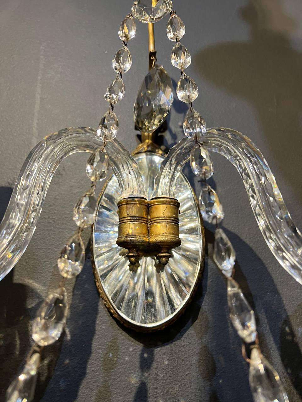 European 1920 Mirror and Crystal Glass 2 Lights Sconces For Sale