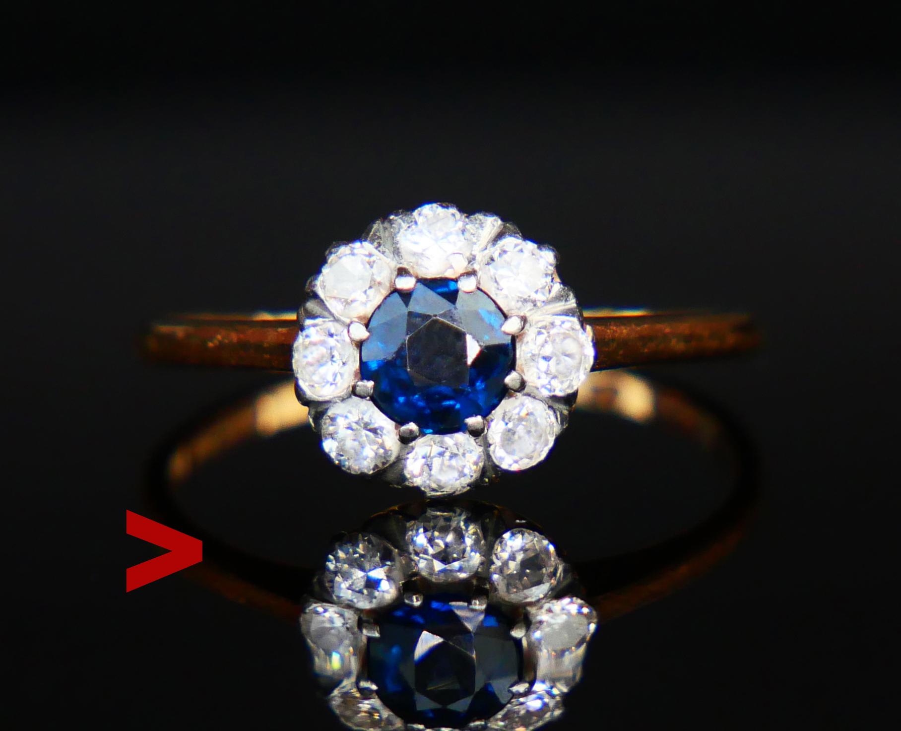 104 years old Halo Ring in solid 18K Yellow Gold with natural Blue Sapphire and 8 old European cut Diamonds in Platinum or White Gold settings.

Natural Sapphire of old European diamond cut , color is medium Blue demonstrates inclusions and