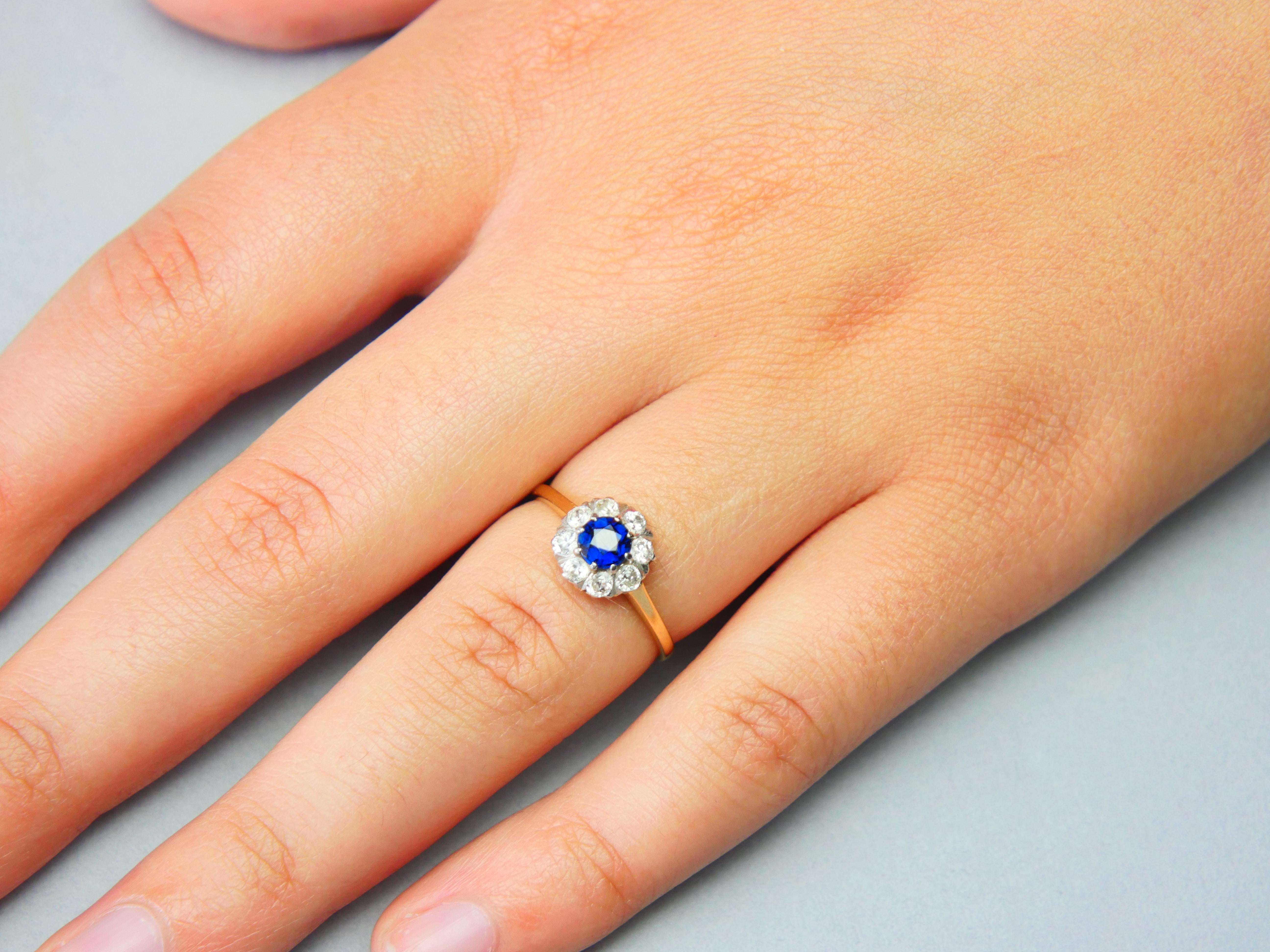 1920 Nordic Halo Ring 0.5 ct Sapphire Diamonds solid 18K Gold Ø 5.75 US /2 gr For Sale 1