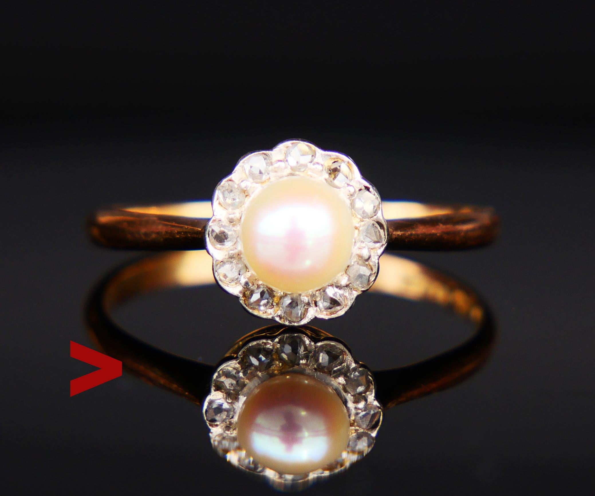 Old Swedish Wedding Halo Ring made in 1920.

Band and crown in solid 18K Yellow Gold. Cultured Sea Pearl Ø 5 mm in claws accented with 12 rose cut Diamonds Ø 1.5 mm /0.015 ct each with open backs. Clear stones without visible inclusions . Total