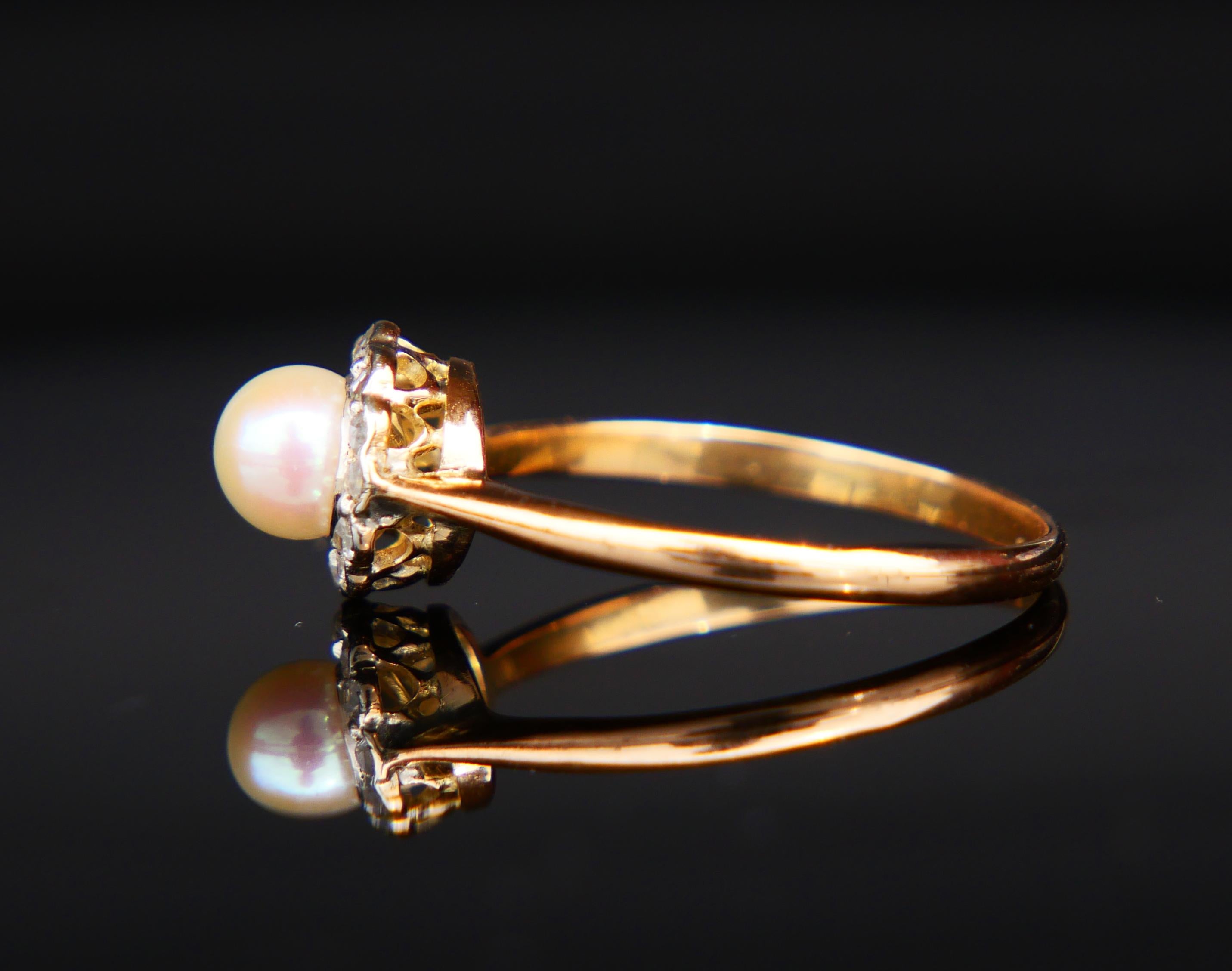 Old European Cut 1920 Nordic Wedding Ring Pearl Diamonds solid 18K Gold ØUS 7.25 /2.1gr For Sale