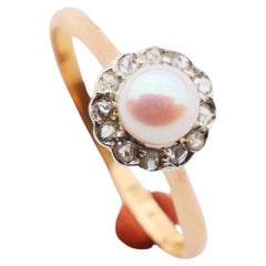 1920 Nordic Wedding Ring Pearl Diamonds solid 18K Gold ØUS 7.25 /2.1gr