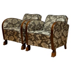 1920 Pair Art Deco Club Chairs With Wooden Armrests On Brown beige Floral Fabric