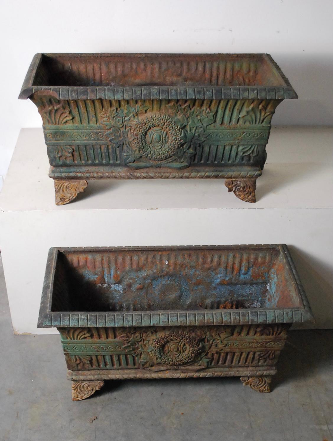 Pair of cast plater box urns with strong traces of decent colour, recently acquired from a private collection in Vancouver.
The urns were purchased in 1970 from an antique store in Buffalo. They are BTB from France.

You will notice a small piece