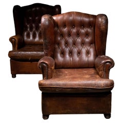 Antique 1920 Pair of English Leather Tufted Club Chairs