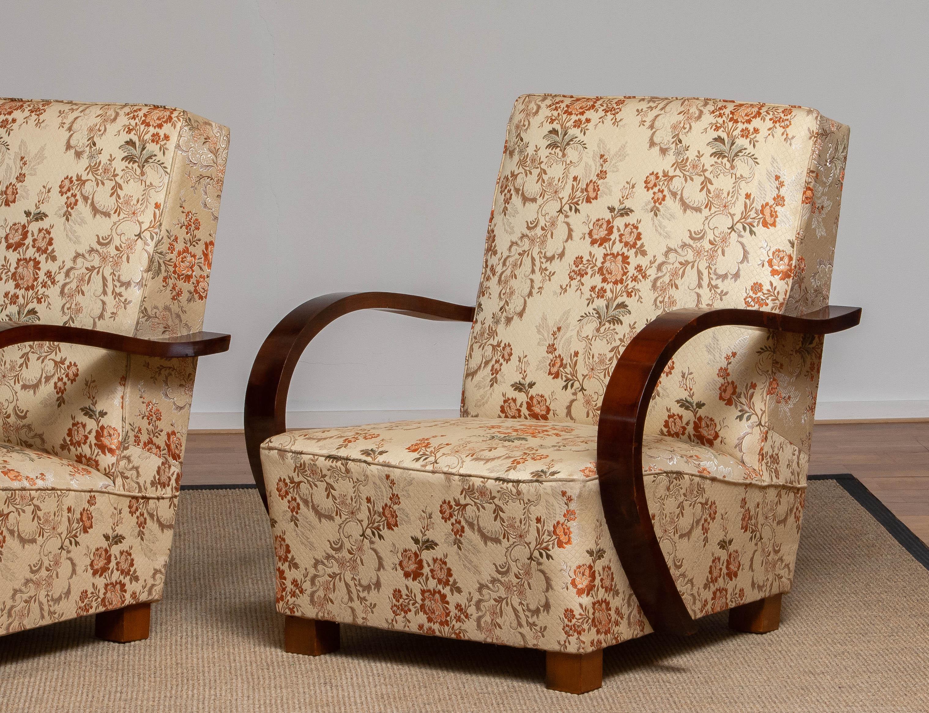 Swedish 1920 Pair Scandinavian Art Deco Jacquard Armchair / Lounge / Club Chairs Sweden