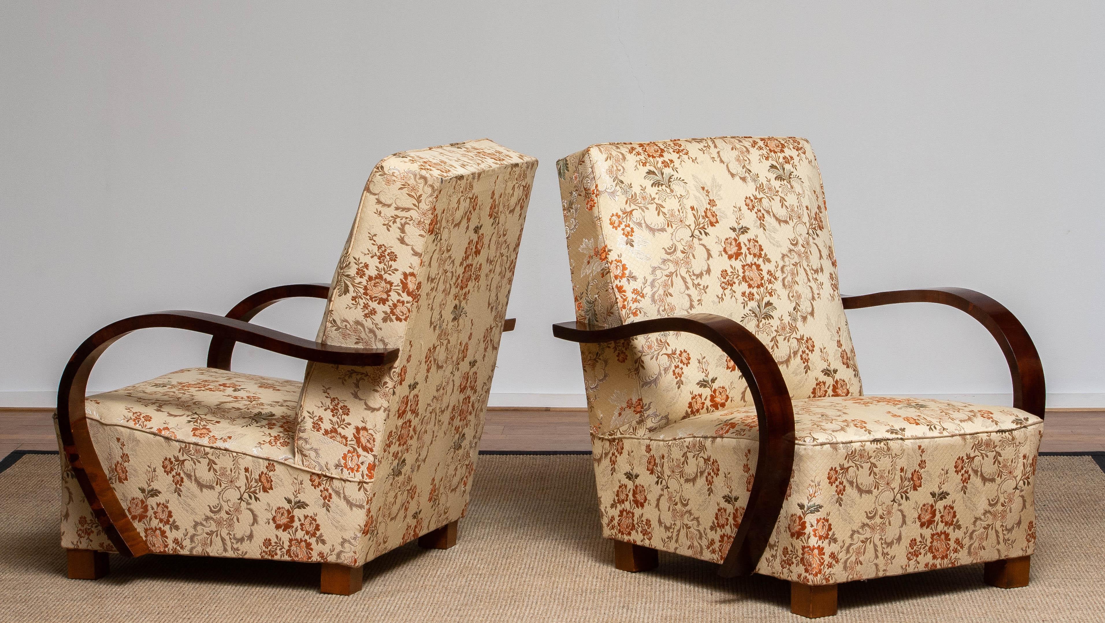 Fabric 1920 Pair Scandinavian Art Deco Jacquard Armchair / Lounge / Club Chairs Sweden