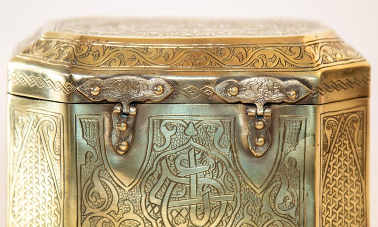 1920 Persian Brass Jewelry Box in Mamluk Revival Damascene Moorish