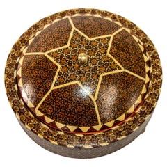 Persian Box Khatam Kari Footed Wooden Round Jewelry Vanity Trinket Moorish Box