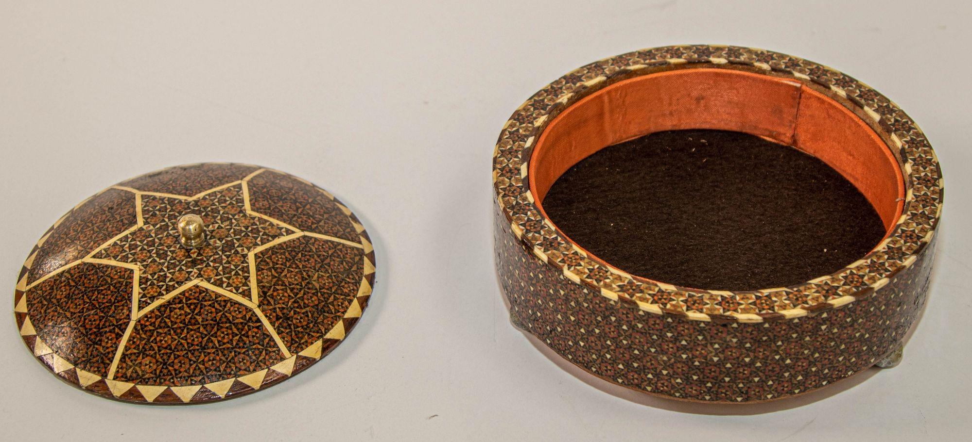 Islamic 1920 Persian Khatam Kari Footed Wooden Circular Jewelry Box For Sale
