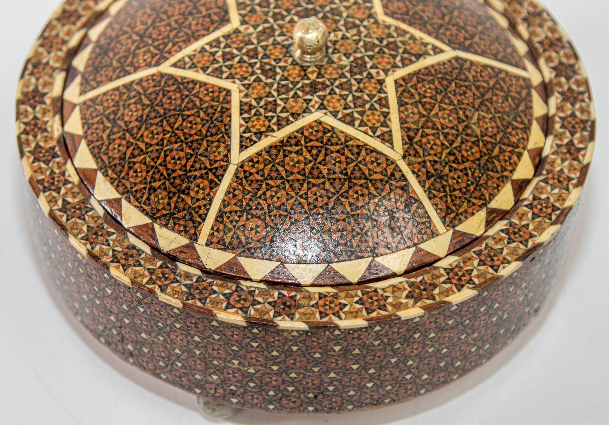 Hand-Crafted 1920 Persian Khatam Kari Footed Wooden Circular Jewelry Box For Sale
