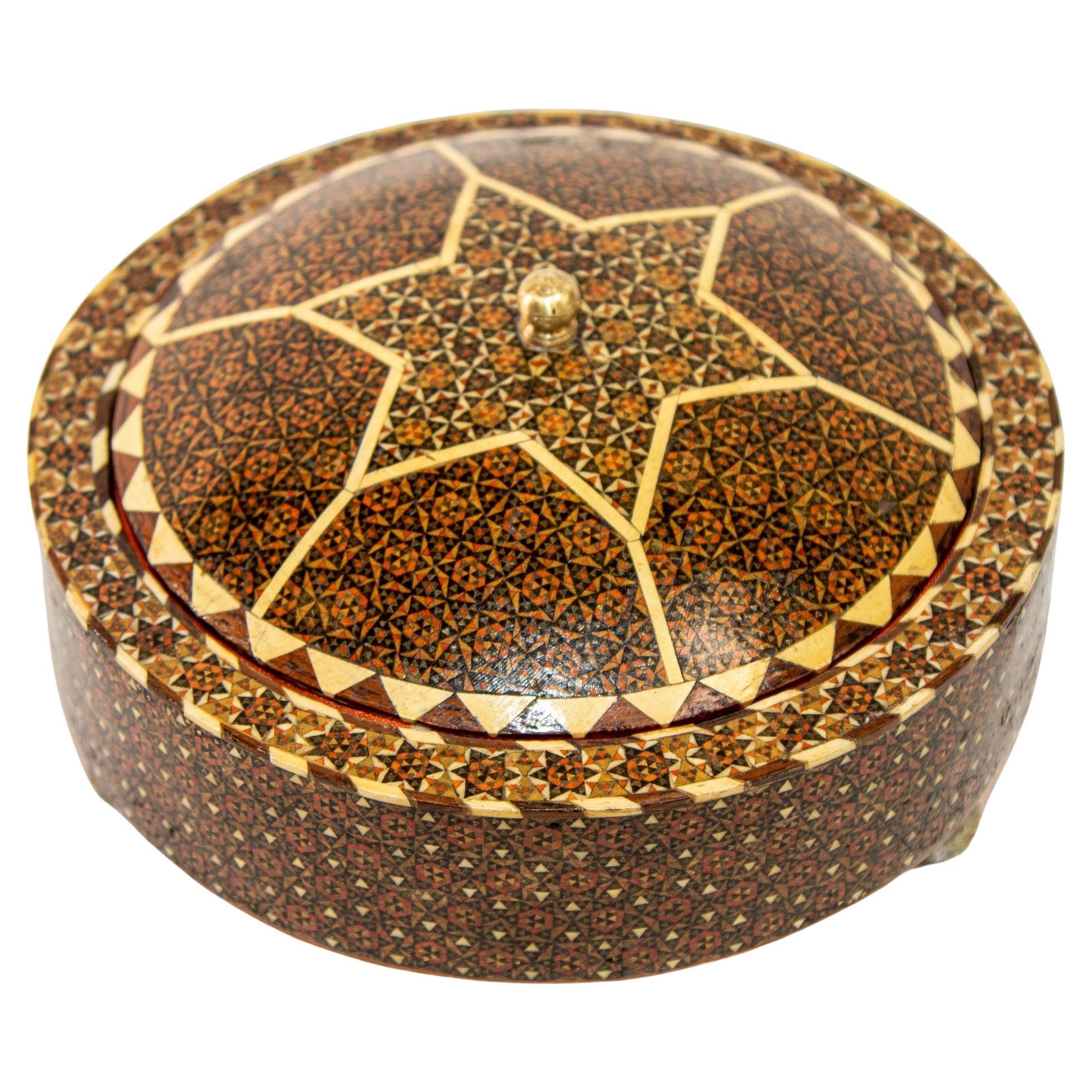 1920 Persian Khatam Kari Footed Wooden Circular Jewelry Box For Sale