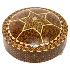 Vintage 1920 Persian Khatam Kari Footed Wooden Circular Jewelry Box