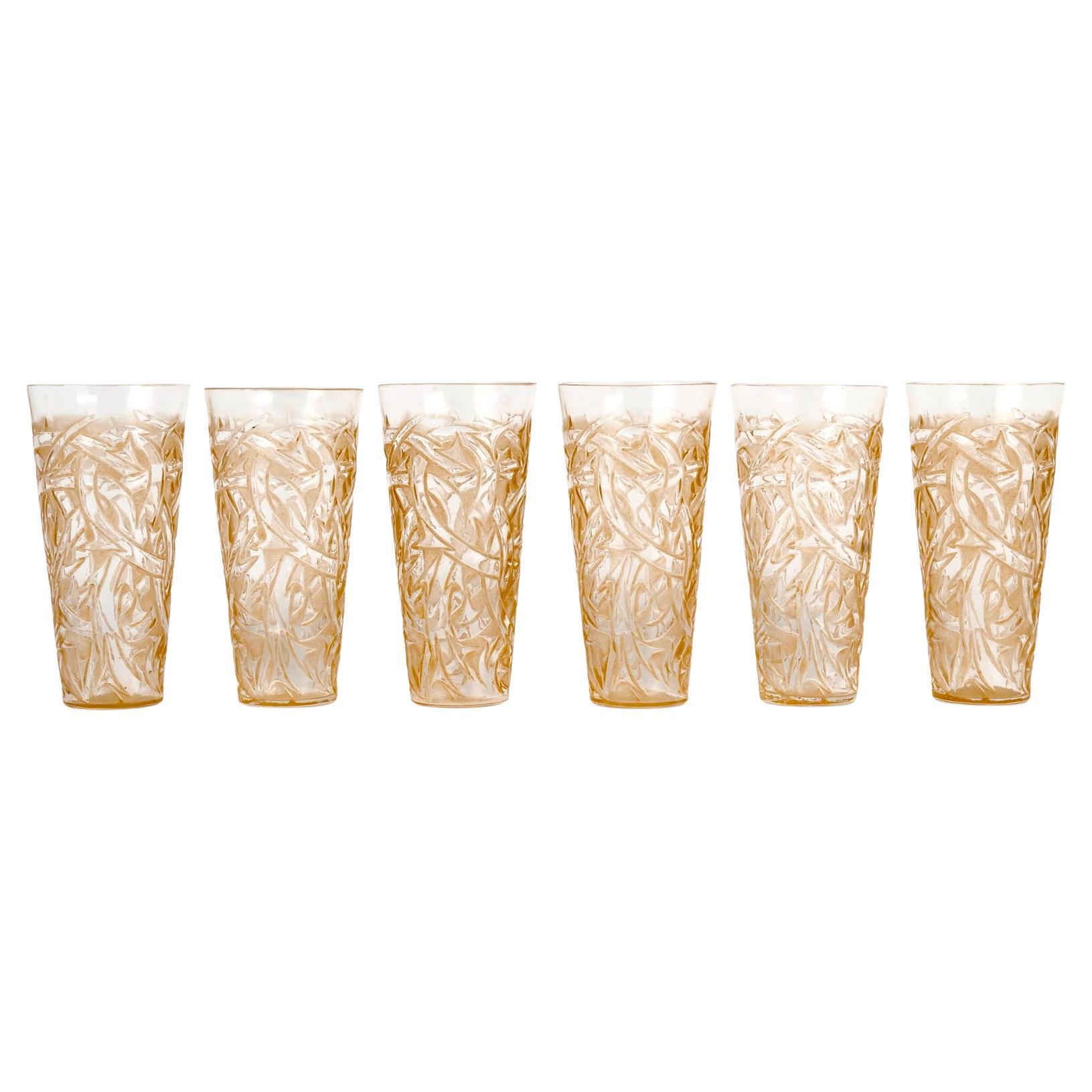 1920 René Lalique 6 Shot Glasses Tumblers Epines Glass with Sepia Patina en vente