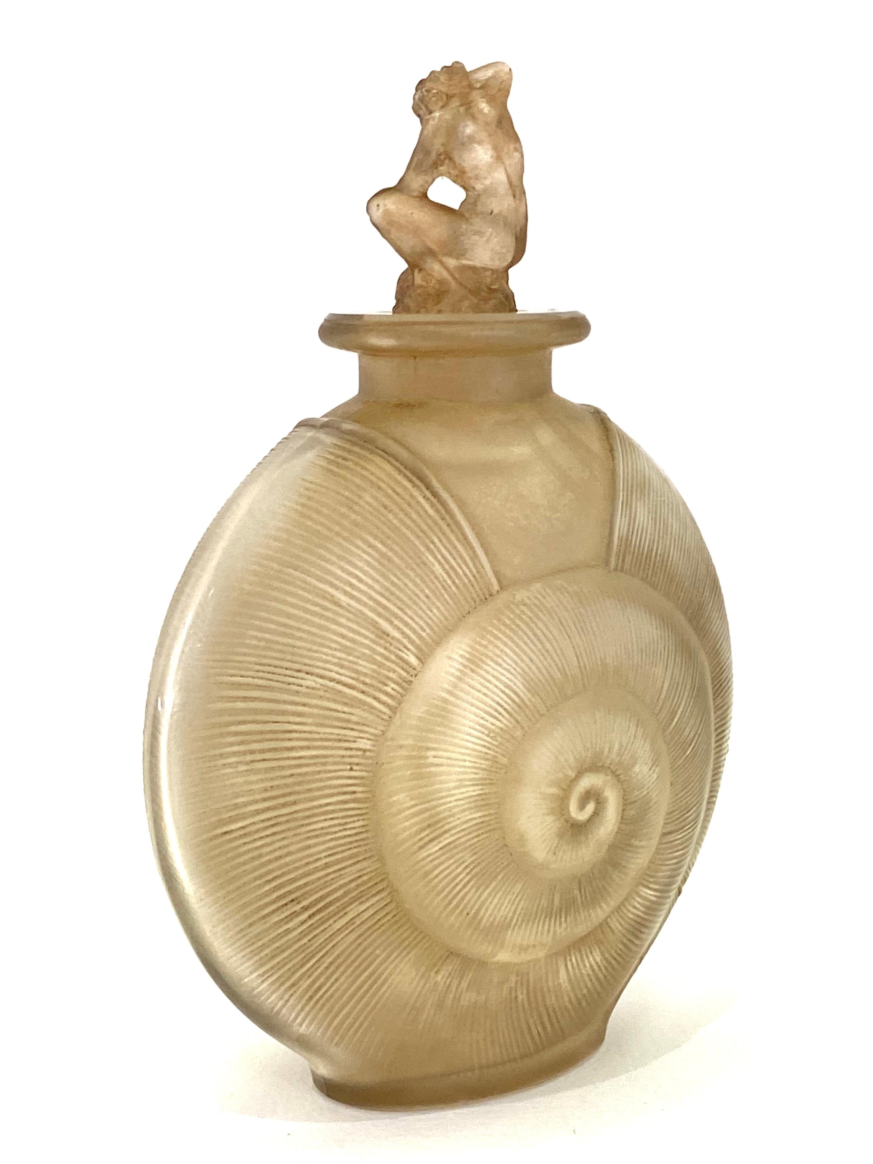French 1920 René Lalique Amphitrite Perfume Bottle Frosted Glass with Sepia Patina