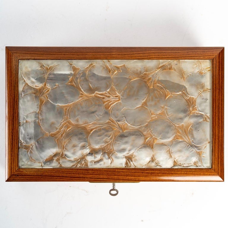 French 1920 René Lalique, Box Monnaie Du Pape Glass With Sepia Patina and Wood For Sale