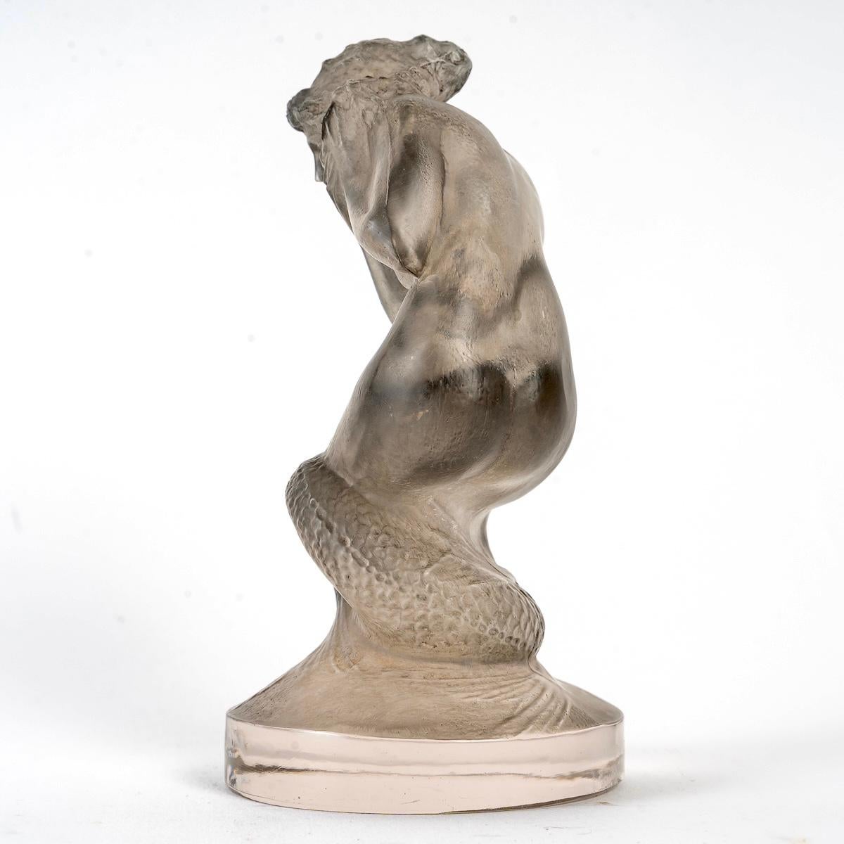 Molded 1920 René Lalique, Car Mascot Statuette Naiade Frosted Glass with Grey Patina